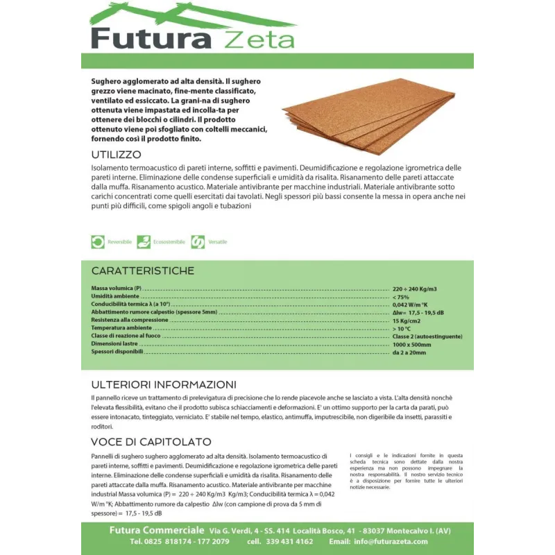 Pannello in Sughero Supercompresso a Vista spessore 10 millimetri Grana Fine