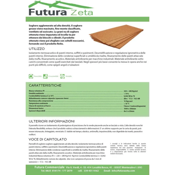 Pannello in Sughero Supercompresso a Vista spessore 10 millimetri Grana Fine