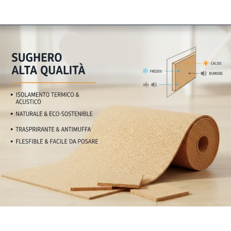 Rotolo di Sughero Supercompresso Sp. 3 mm. Tappetino Acustico Rivestimento Murale
